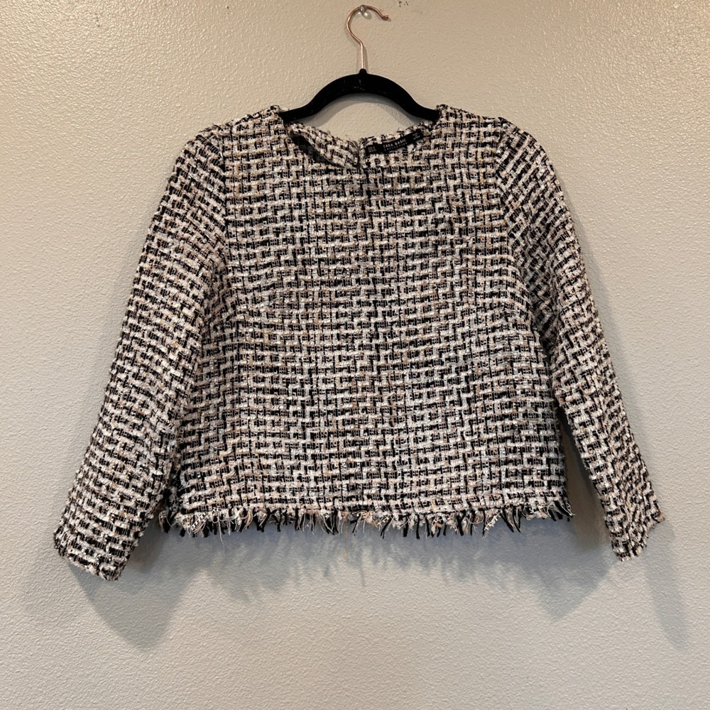 Zara Basic Collection Loose Weave Cropped Top‎ Black White Tan Frayed Hem Small